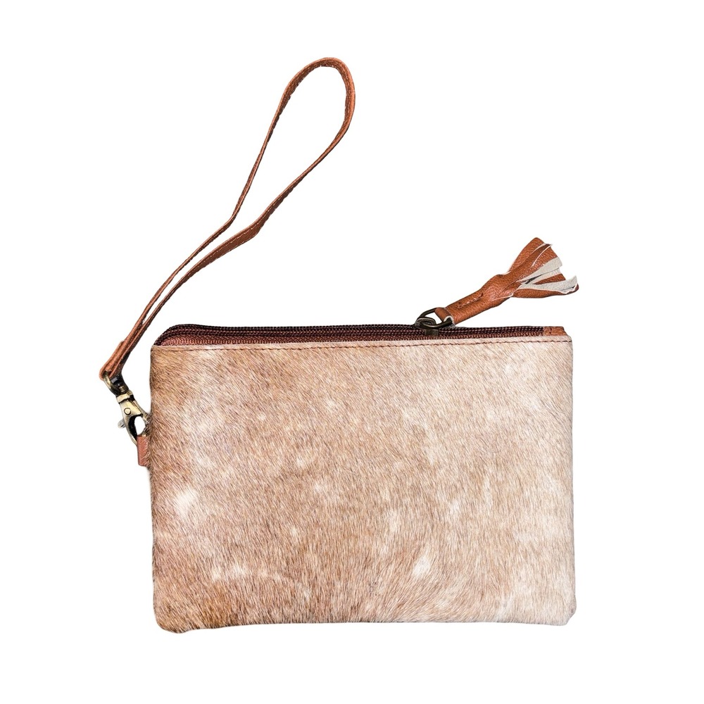 Genuine Cowhide Leather Wristlet Tan White Hide Western Tassel Clutch Bag